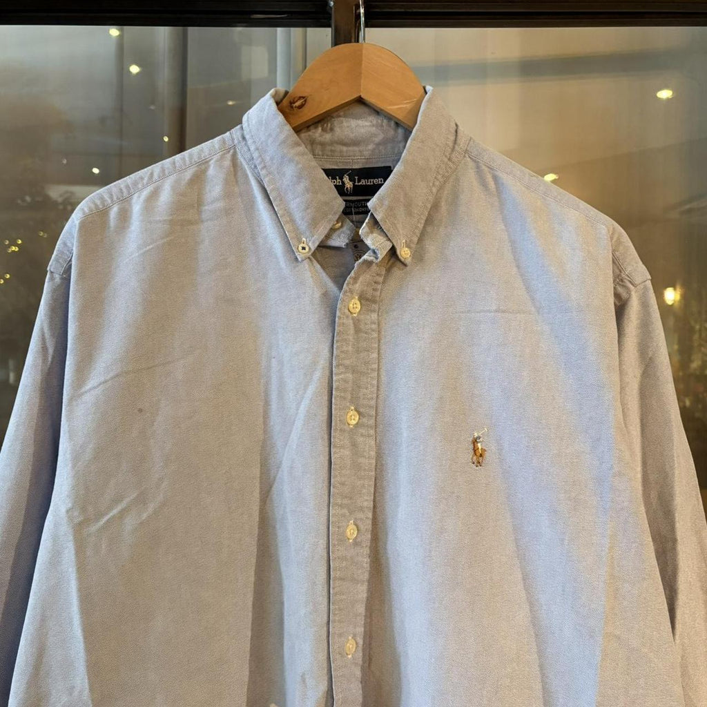 BR1209AV-F - Vintage Ralph Lauren Blue Plain Longsleeve collared button up polo shirt top #Y2K #preppy #chiefkeef #smartcasual #oldmoney