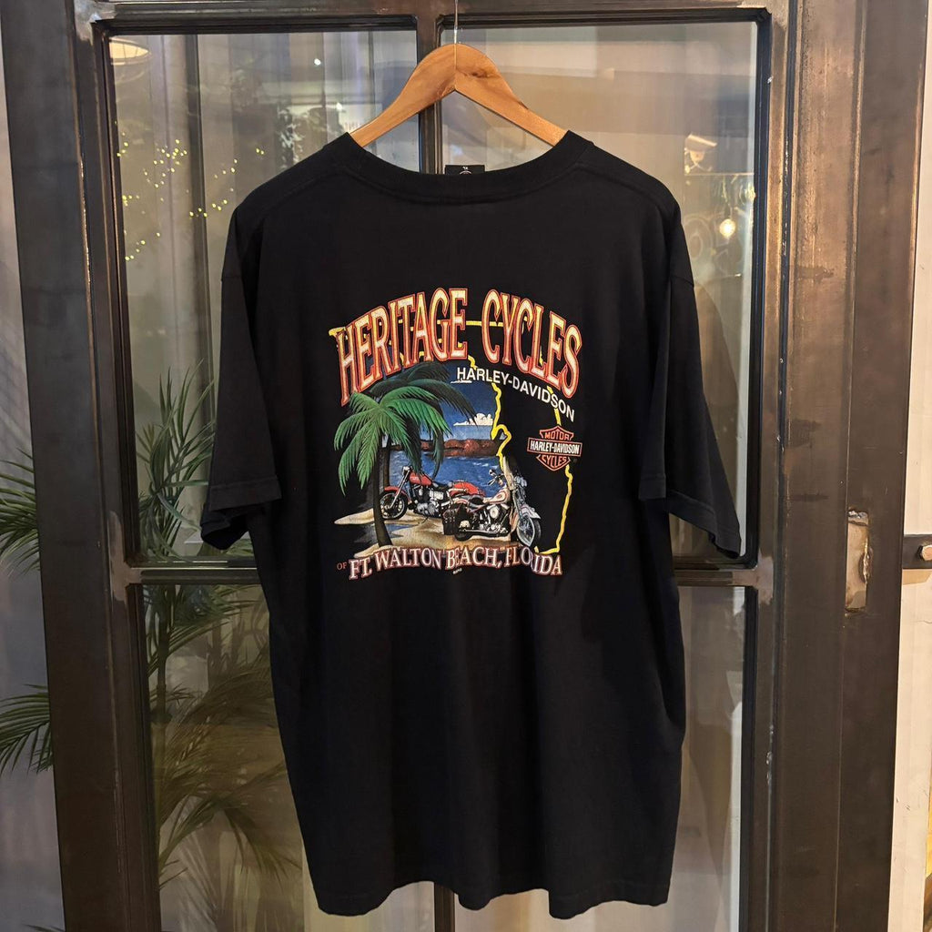 0325A26F -  Vintage Retro Essential Harley Davidson Heritage Cycles Walton Beach, Florida 2002 Black Graphic Print Top Tee T-shirt #graphic #motorcycles #biker #harley #harleydavidson
