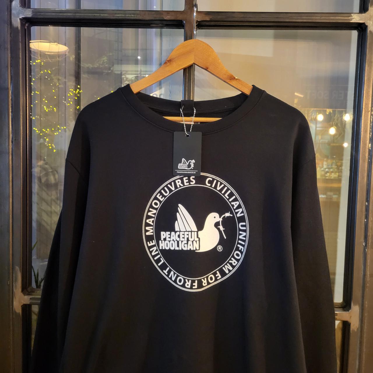 1224A96 - Brand New with Tags Essential Peaceful Hooligan ' Civilian Uniform for Frint Line Manoeuvres ' Black Graphic Print Jumper Pullover Crewneck Sweatshirt 90s y2k style #casual #peacefulhooligan #essential #sweatshirt