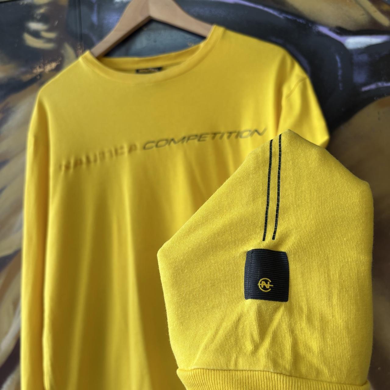 Nautica Competition T shirt Mens Medium Yellow Longsleeve Side Stripe Sailing Graphic Print Streetwear Tee Top 90s Y2K 00s