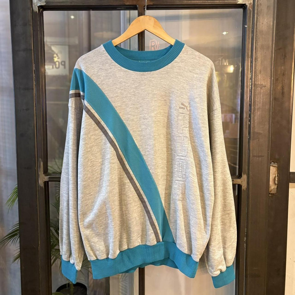 Vintage Retro Essential Grey Puma Crewneck Jumper Sweatshirt with embroidered logo and diagonal Teal and Pink Side Stripe #90s #sportswear #essential #y2k #puma