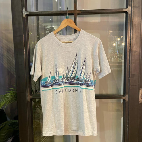 1224H01P - Vintage Retro Essential Grey Cailifornia Sailing Graphic All Over Print Single Stitch Top Tee T-shirt #90s #aop #top #boating #sailing