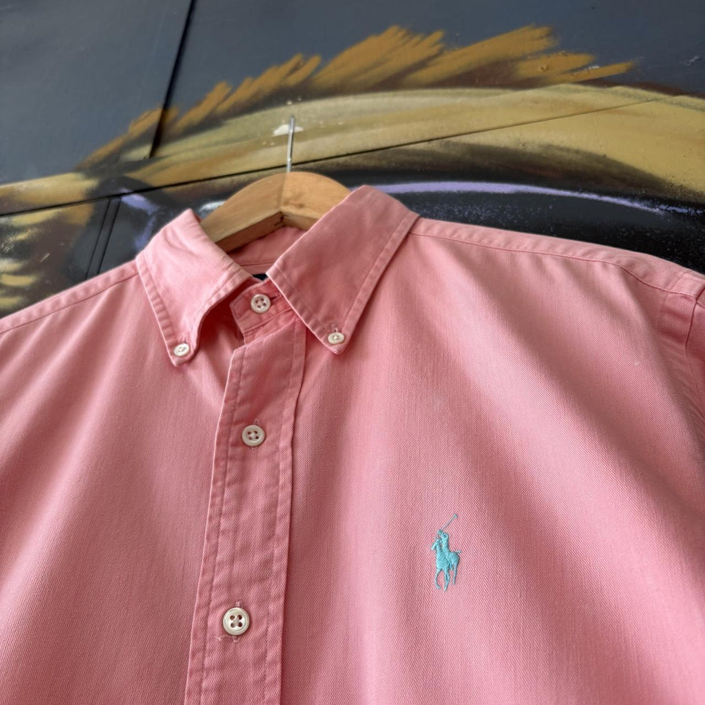 Vintage Ralph Lauren Polo Shirt Mens Medium Pink Plain Preppy Pony Logo Collared Button Up Top Y2K 90s