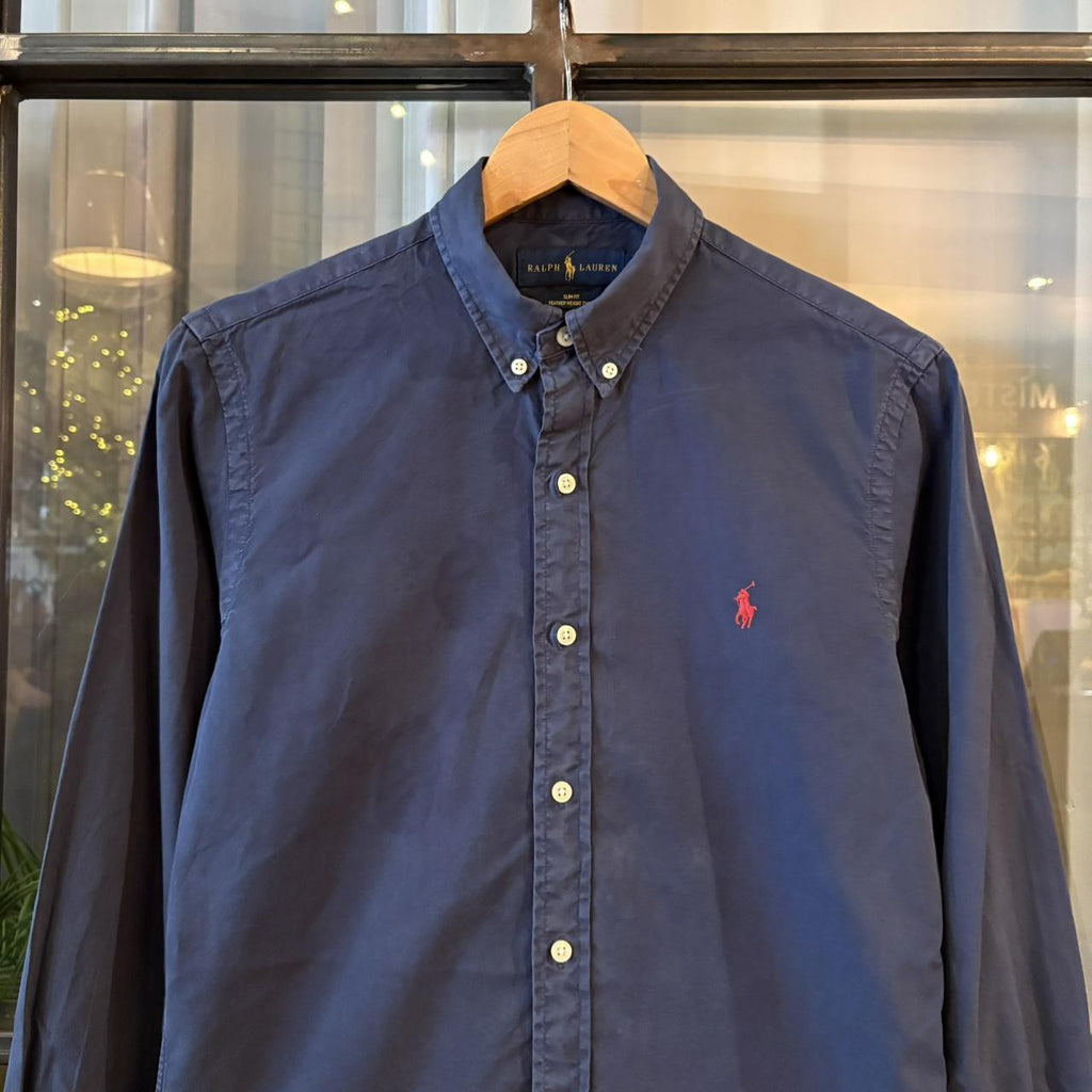 RLS241-P - Vintage Ralph Lauren Plain Navy Longsleeve collared button up polo shirt top #Y2K #preppy #chiefkeef #smartcasual #oldmoney