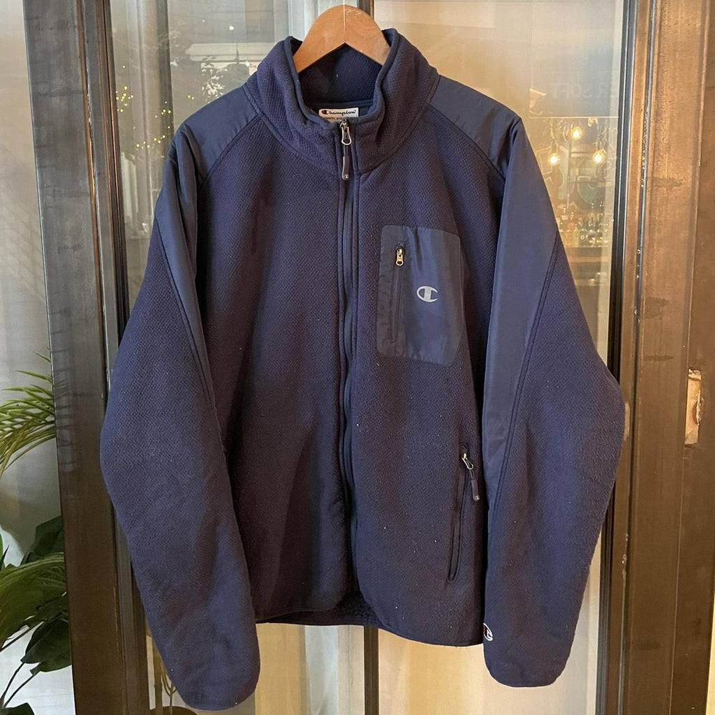 O225D79F - Vintage Retro Essential Champion Navy 1/4 Zip Up Fleece Jumper Sweatshirt with big spellout embroidered logo #90s #sportswear #essential #champion #y2k