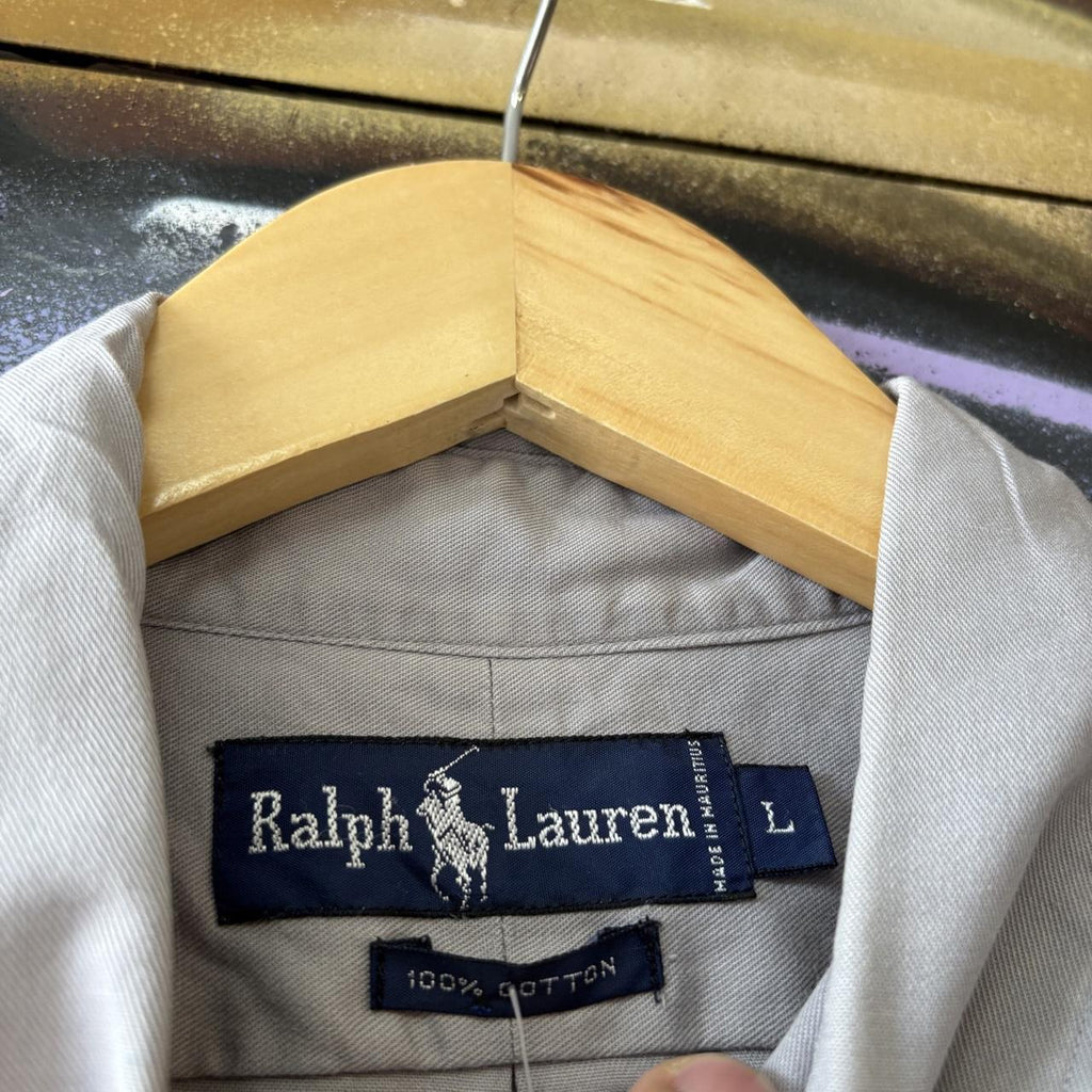 Vintage Ralph Lauren Polo Shirt Mens Large Grey Plain Preppy Pony Logo Collared Button Up Top Y2K 90s