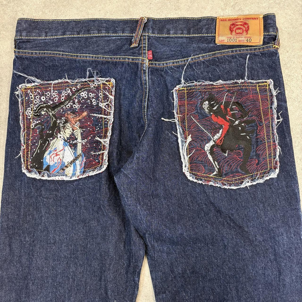Red Monkey Company RMC Jeans Mens 40x34 Japanese Selvedge Denim Dark Blue Wash Straight Leg Martin Ksohoh Embroidered Samurai and Geisha Detailing Hip Hop Y2K