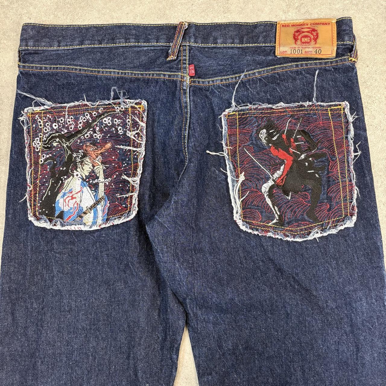 Red Monkey Company RMC Jeans Mens 40x34 Japanese Selvedge Denim Dark Blue Wash Straight Leg Martin Ksohoh Embroidered Samurai and Geisha Detailing Hip Hop Y2K
