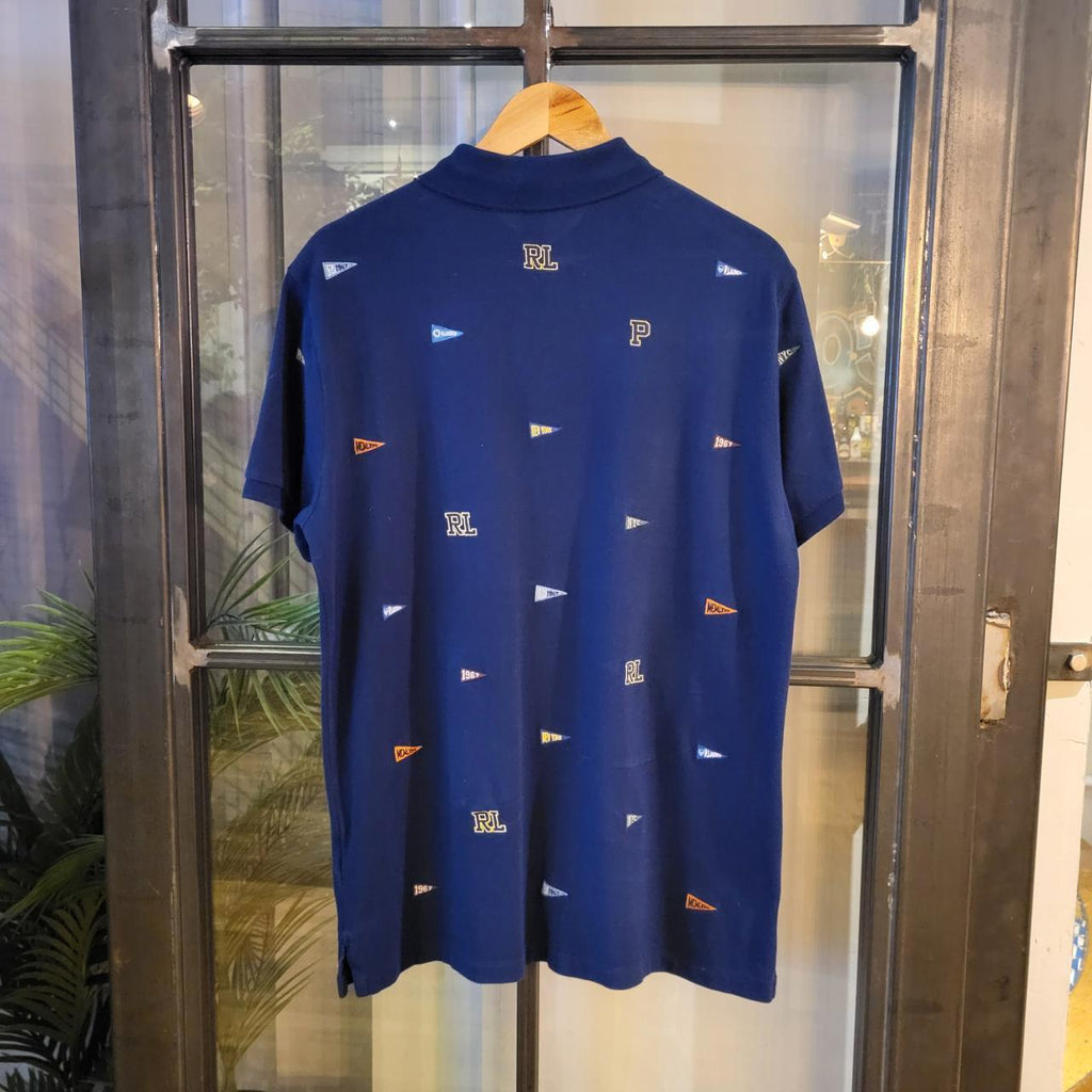 POL105 - Vintage Ralph Lauren Navy Polo Shirt Short Sleeve collared button up top 90s Y2K Old Money Preppy Smart Casual style with all over RL New York 1967 embroideredy