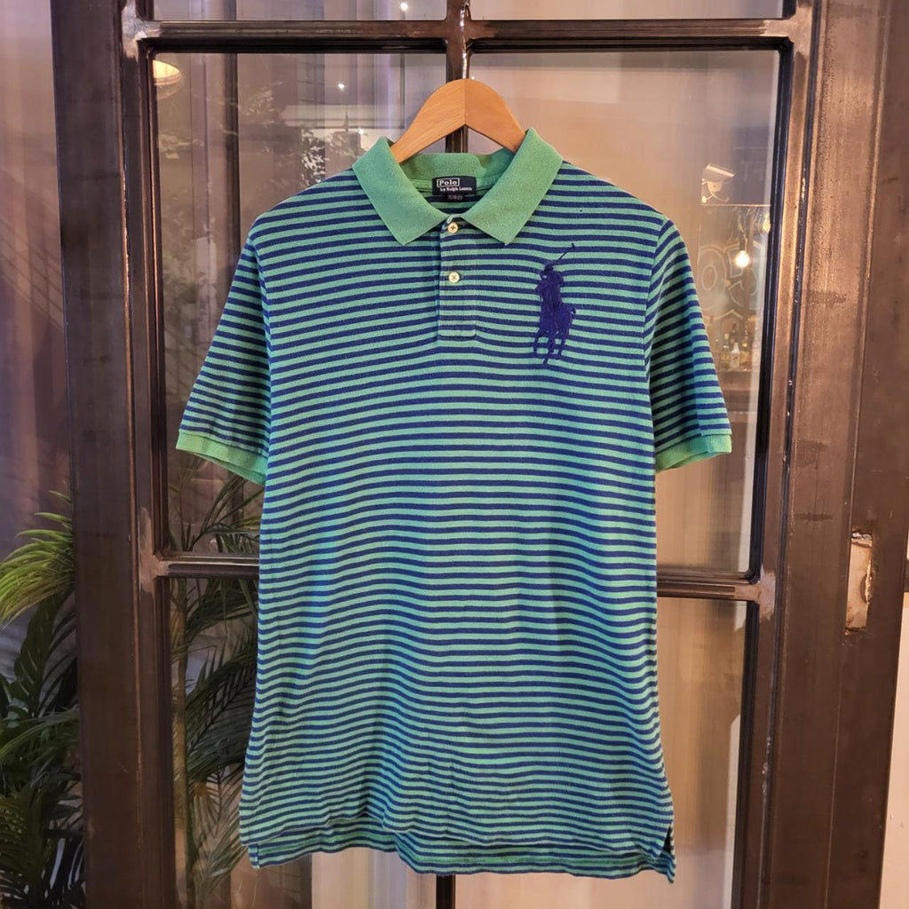 POL076 - Vintage Ralph Lauren Green blue Stripe Polo Shirt Short Sleeve collared button up top #Y2K #preppy #chiefkeef #bigpony