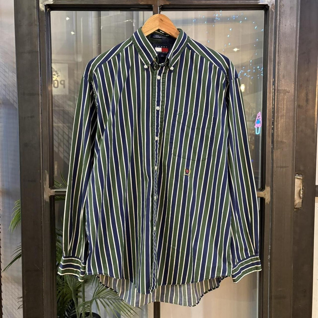 POL704-F - Vintage Ralph Lauren Dark Green and Navy Striped Longsleeve collared button up polo shirt top #Y2K #preppy #chiefkeef #smartcasual #oldmoney