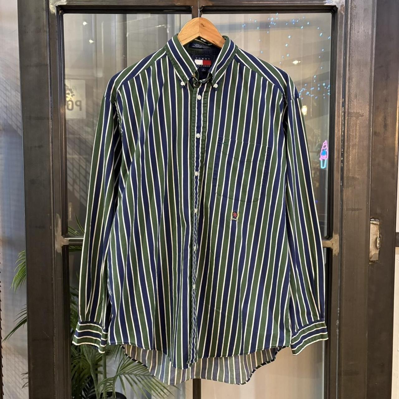 POL704-F - Vintage Ralph Lauren Dark Green and Navy Striped Longsleeve collared button up polo shirt top #Y2K #preppy #chiefkeef #smartcasual #oldmoney