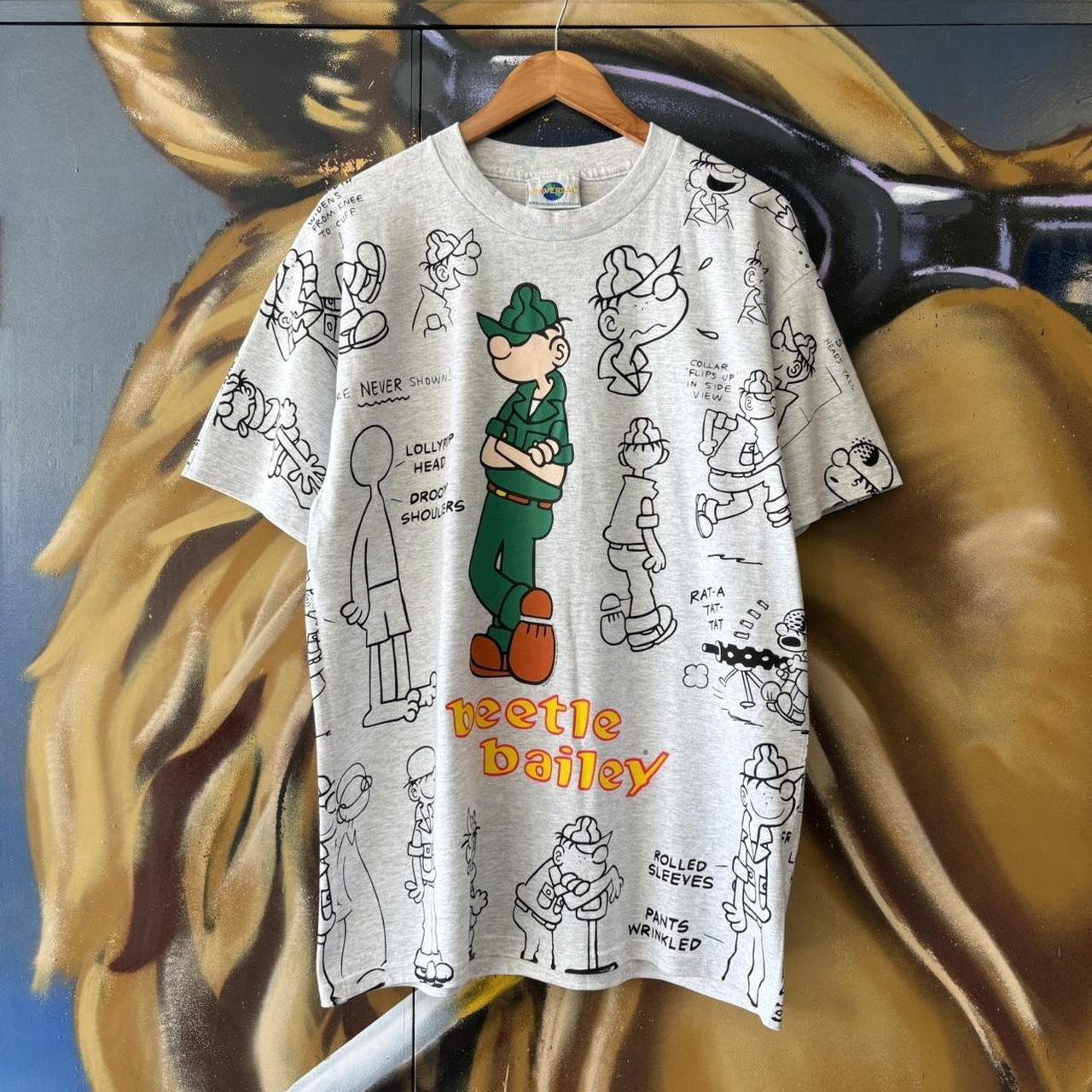 Vintage Universal Studios T Shirt Mens Large Grey AOP Graphic Cartoon Beatle Bailey Tee Top 90s USA