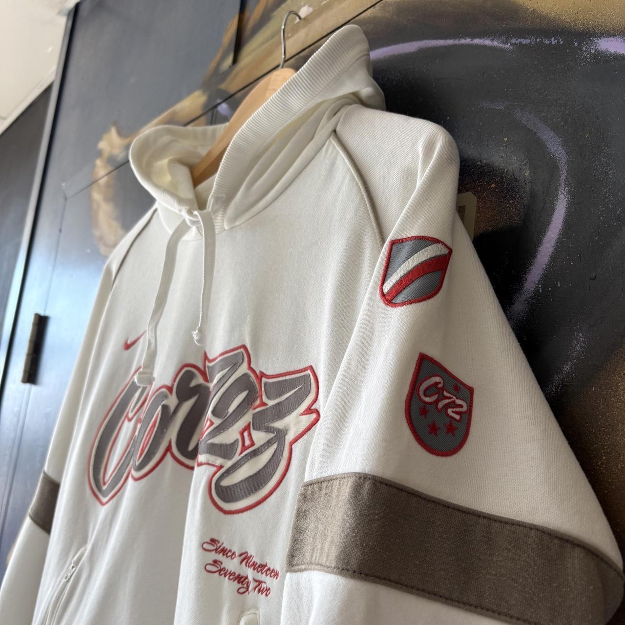 Vintage Nike Cortez Hoodie Mens Small White Solo Swoosh Graffiti Logo Embroidered Pullover Jumper Top 90s Y2K 00s