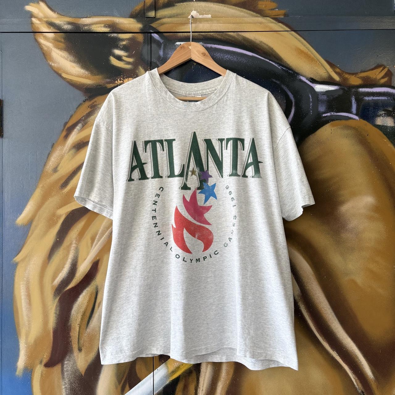 Vintage Atlanta Olympics 1996 T shirt GRey Faded Sports Flame Graphic Print Single Stitch Tee Top 90s Y2K 00s