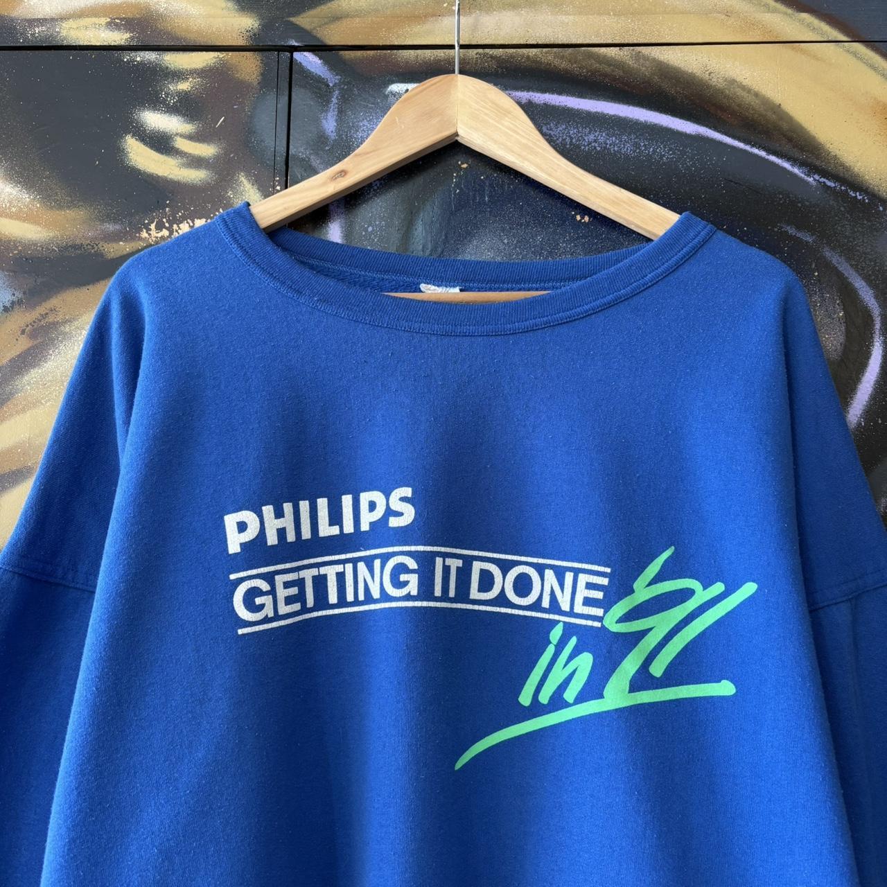 Vintage Phillips 1991 Jumper Blue Mens XL Graphic Print Tech Promo Advertising Sweatshirt Top 90s