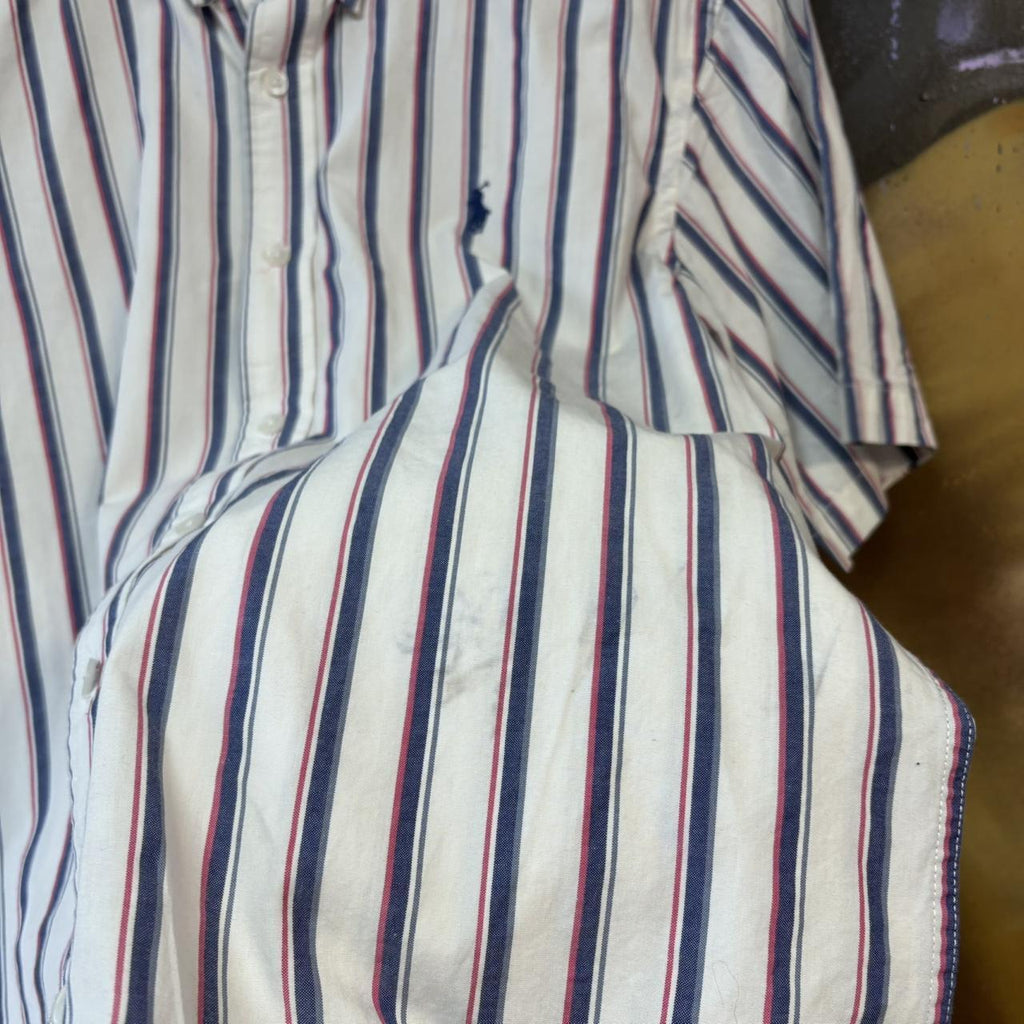 BR1912YK-U - Vintage Ralph Lauren White and Blue Striped Short Sleeve collared button up polo shirt top #Y2K #preppy #chiefkeef #smartcasual #oldmoney