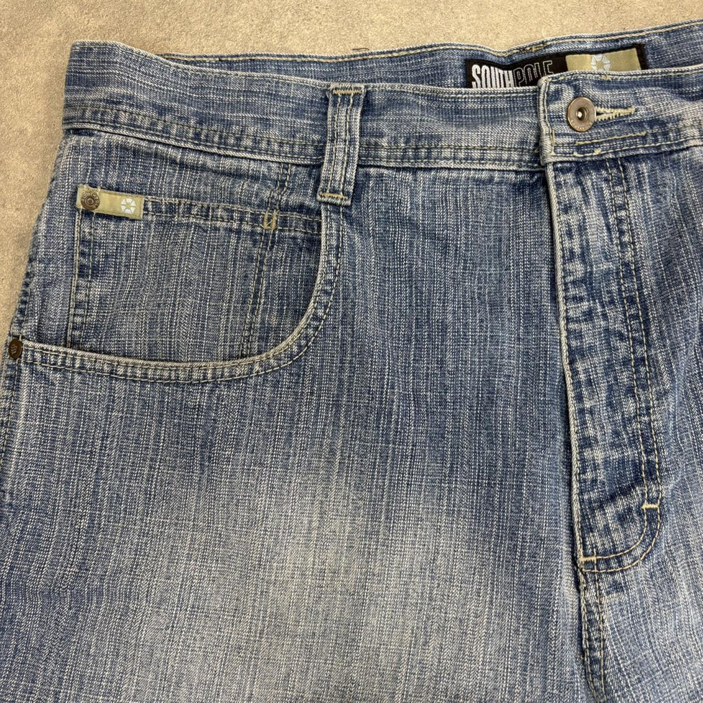 Vintage Blue Wash Southpole Jorts Mens 38” Baggy Wide Leg Skate Surf Denim Jean Shorts Hip Hop Streetwear Y2K