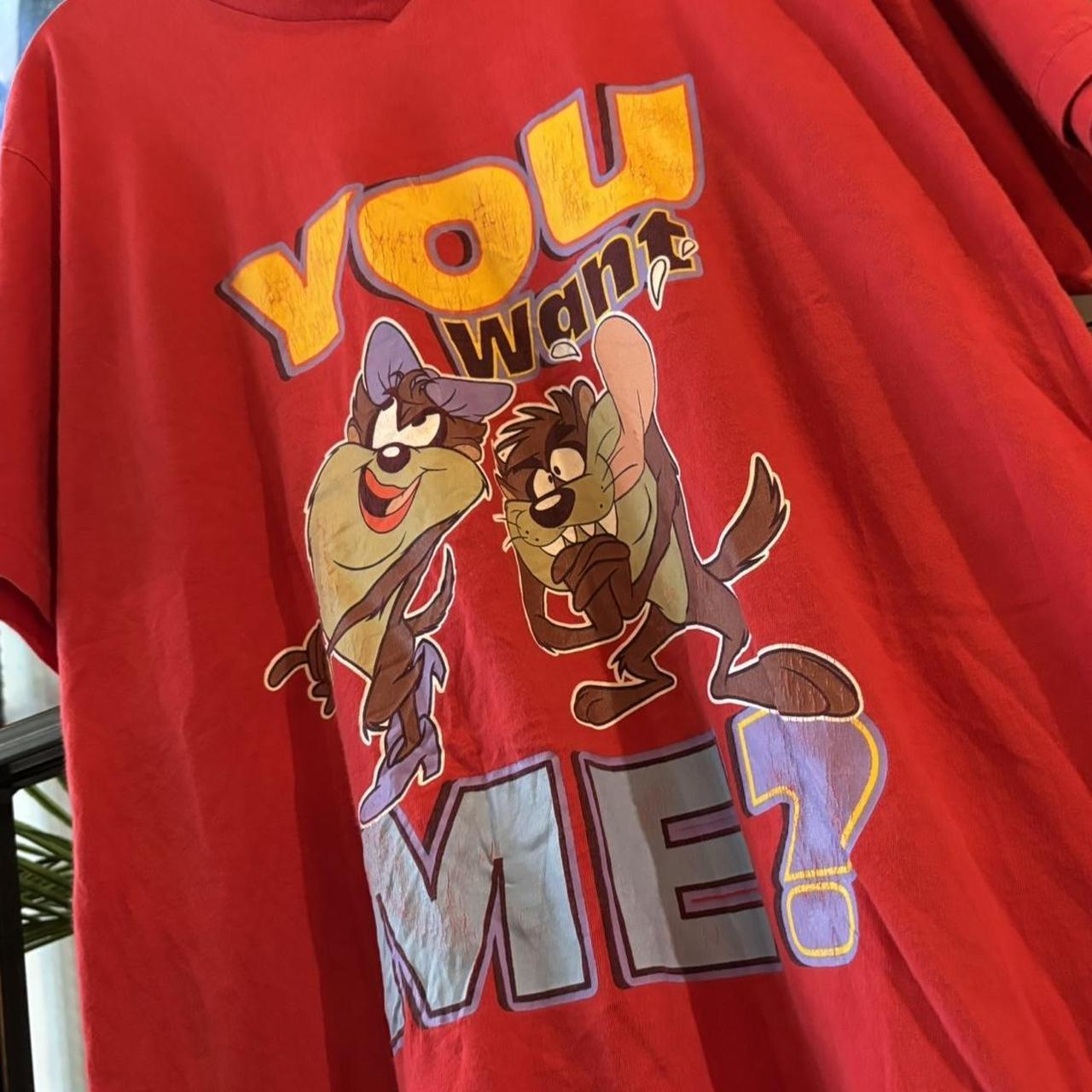 TEE638F - Vintage Retro Essential Red Looney Tunes Taz and Tasmanian She-Devil 'You want me, take a number' Graphic Print V-Neck Top Tee T-shirt #90s #graphic #taz #looneytunes #basic