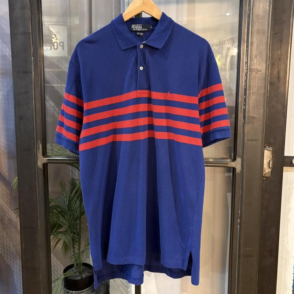 POL596-P - Vintage Retro Ralph Lauren Blue and Red Striped Polo Shirt Short Sleeve collared button up top  #Y2K #preppy #chiefkeef #oldmoney #ralphlauren