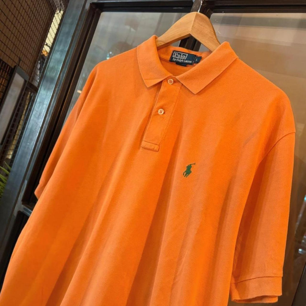 POL407-F - Vintage Retro Ralph Lauren Orange Plain Polo Shirt Short Sleeve collared button up top  #Y2K #preppy #chiefkeef #oldmoney #ralphlauren