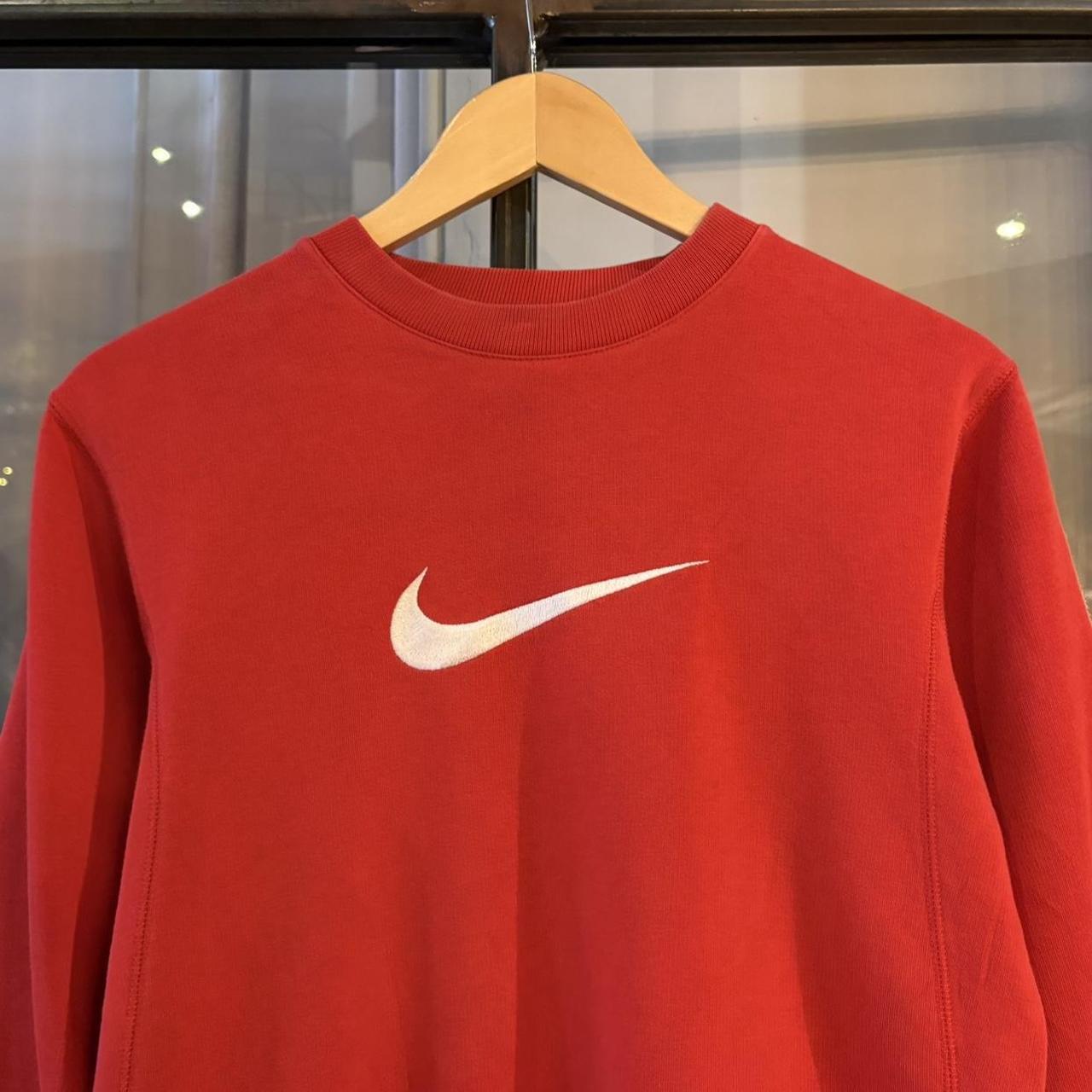 Vintage Retro Essential Red Nike Crewneck Jumper Sweatshirt with embroidered big centre swoosh patch logo #90s #sportswear #essential #y2k #nike