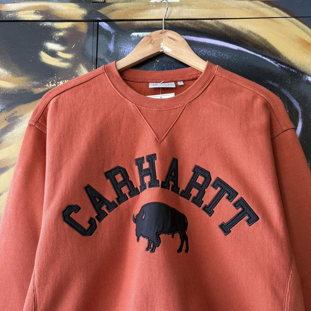 Vintage Carhartt WIP Sweatshirt Mens Small Rust Orange Buffalo Graphic Crewneck Jumper Skate 90s Y2K