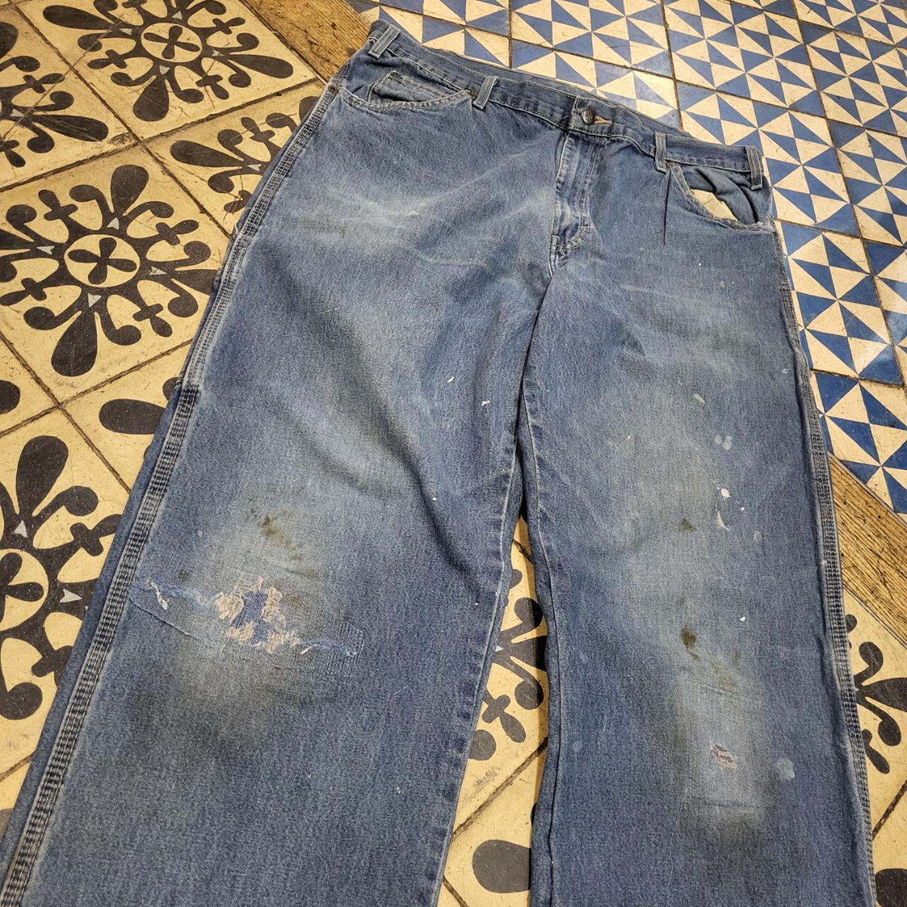 JNS215 - Vintage retro essential mens adult Dickies Blue Wash Denim Baggy Overszied Trousers pants jeans with embroided patch carpenter casual workwear wide leg skate 90s Y2K style