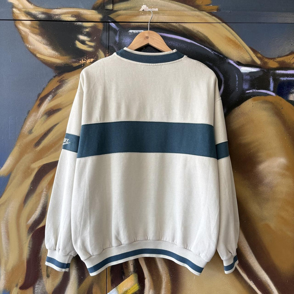 Vintage Nike Sweatshirt Mens Medium Blue Off White Blue Ribbon Sports Patch Logo Ribbed Pullover Jumper Top 90s Y2K 00s