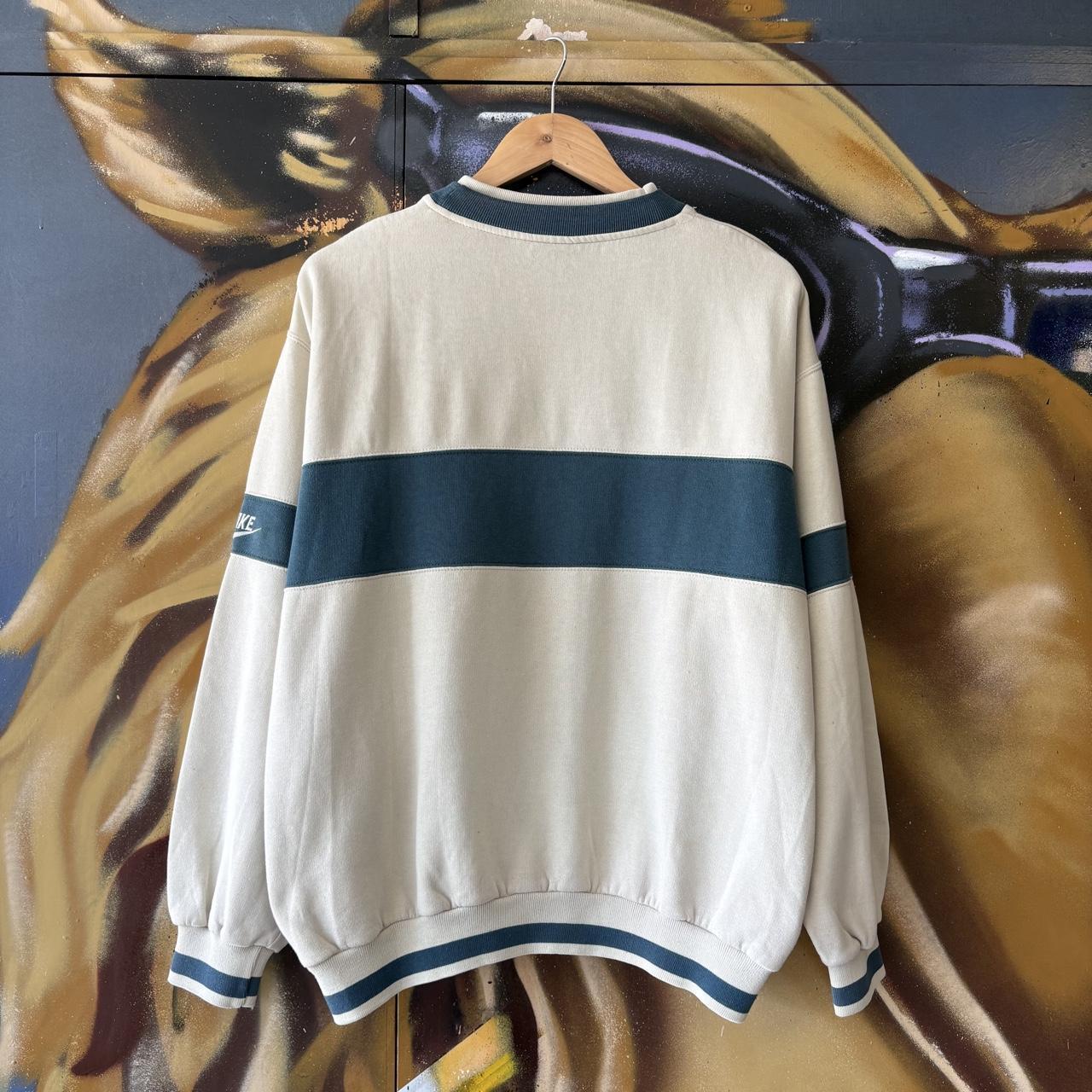Vintage Nike Sweatshirt Mens Medium Blue Off White Blue Ribbon Sports Patch Logo Ribbed Pullover Jumper Top 90s Y2K 00s