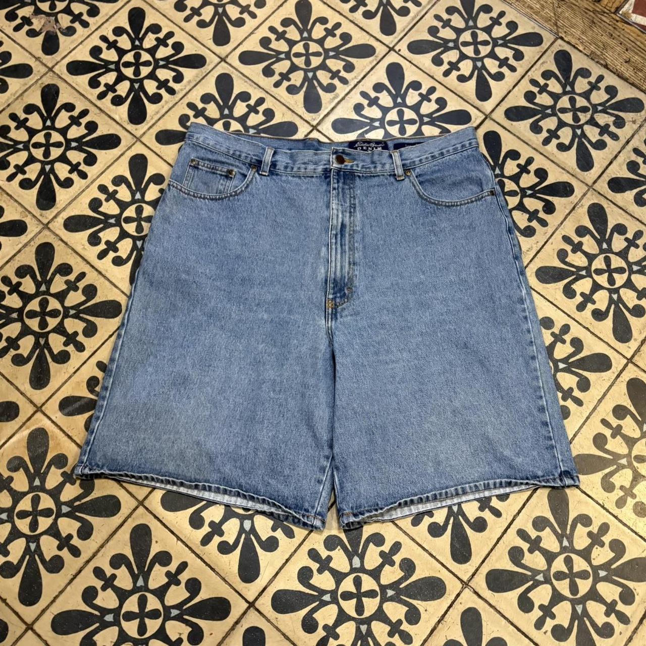 MA0503A-P - American Vintage Retro Essential Eddie Bauer Blue Wash Denim Shorts Jorts with detailed patch Logo hip hop baggy wide leg 90s 00s y2k grunge streetwear style workwear #hiphop #90s #jorts #skater #eddiebauer