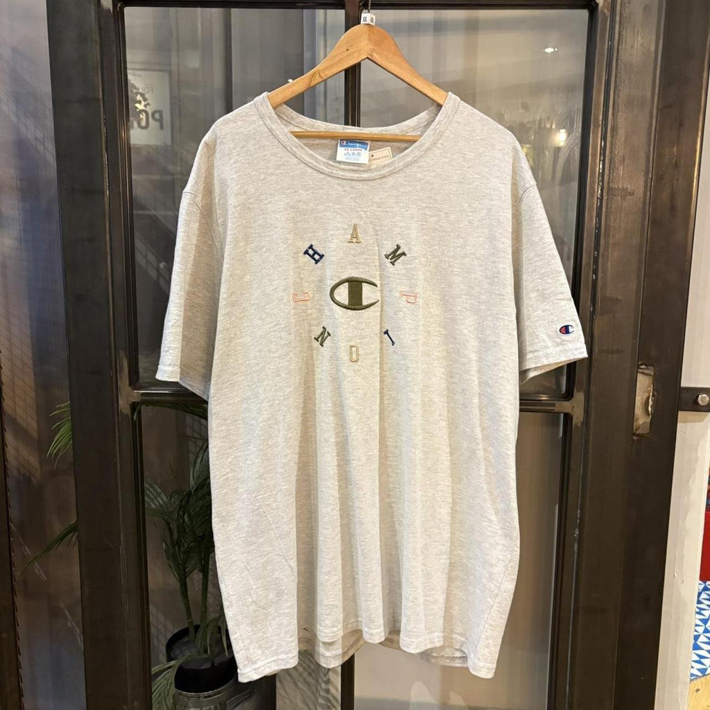 BR2409J-F - Vintage Retro Essential Light Grey Champion Big Centre Embroidered Top Tee T-shirt #y2k #graphic #top #essential #champion