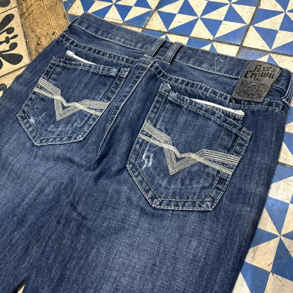0325C95UF - Vintage retro essential Axe & Crow Dark Blue Wash Denim Jeans Trousers pants with embroidered pattern stitched detailing #denim #slimfit #axe&crow #embroidered #y2k