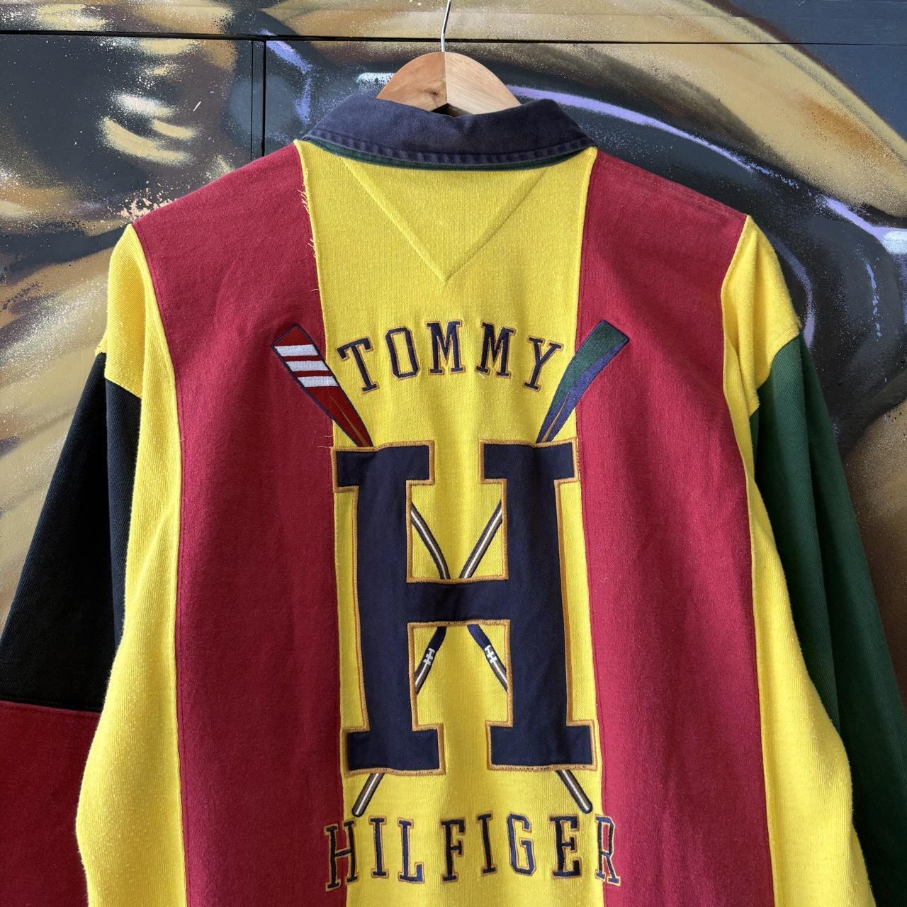 Vintage Tommy Hilfiger Rugby Jersey Red Yellow Striped Preppy Pony Logo Collared Button Up Top Y2K 90s