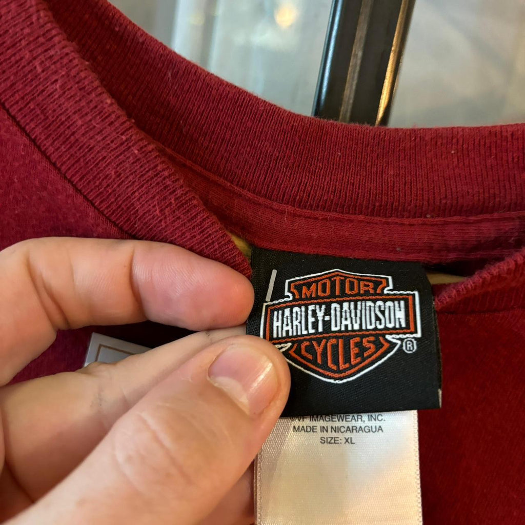 TEE413P - Vintage Retro Essential Burgundy Schaffers Harley Davidson  Graphic Print Pocket Top Tee T-shirt #90s #graphic #harleydavidson #biker