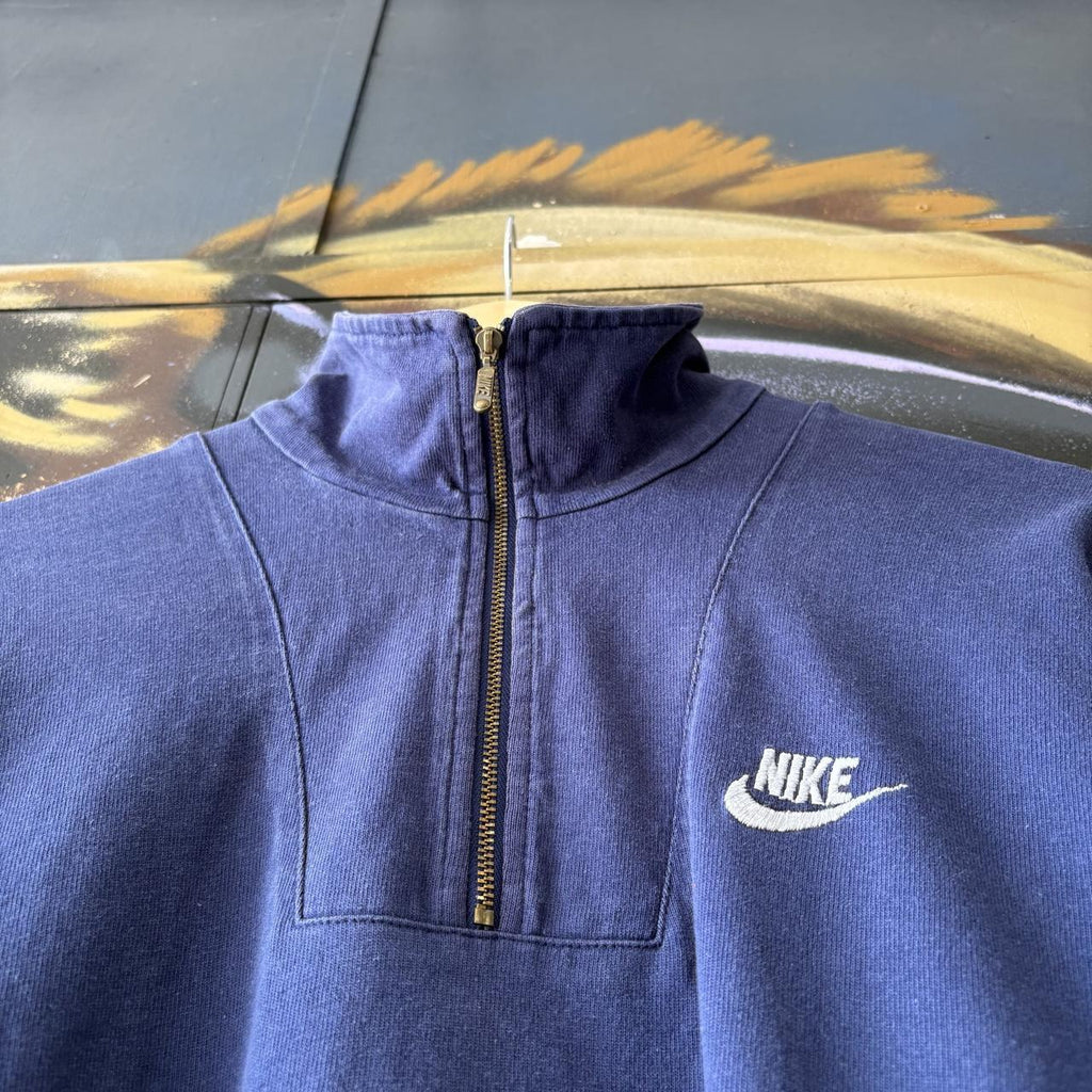 Vintage Nike Sweatshirt Mens Medium Navy Swoosh Spell Out 1/4 Zip Pullover Jumper Top 90s Y2K 00s