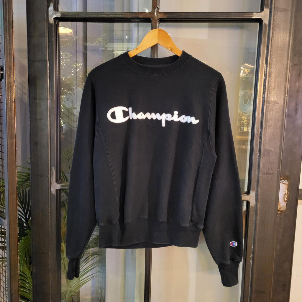 SWT344 - Vintage Retro Essential Champion Black sweatshirt with embroided spell out #Jumper #crewneck #casual #y2k #champion