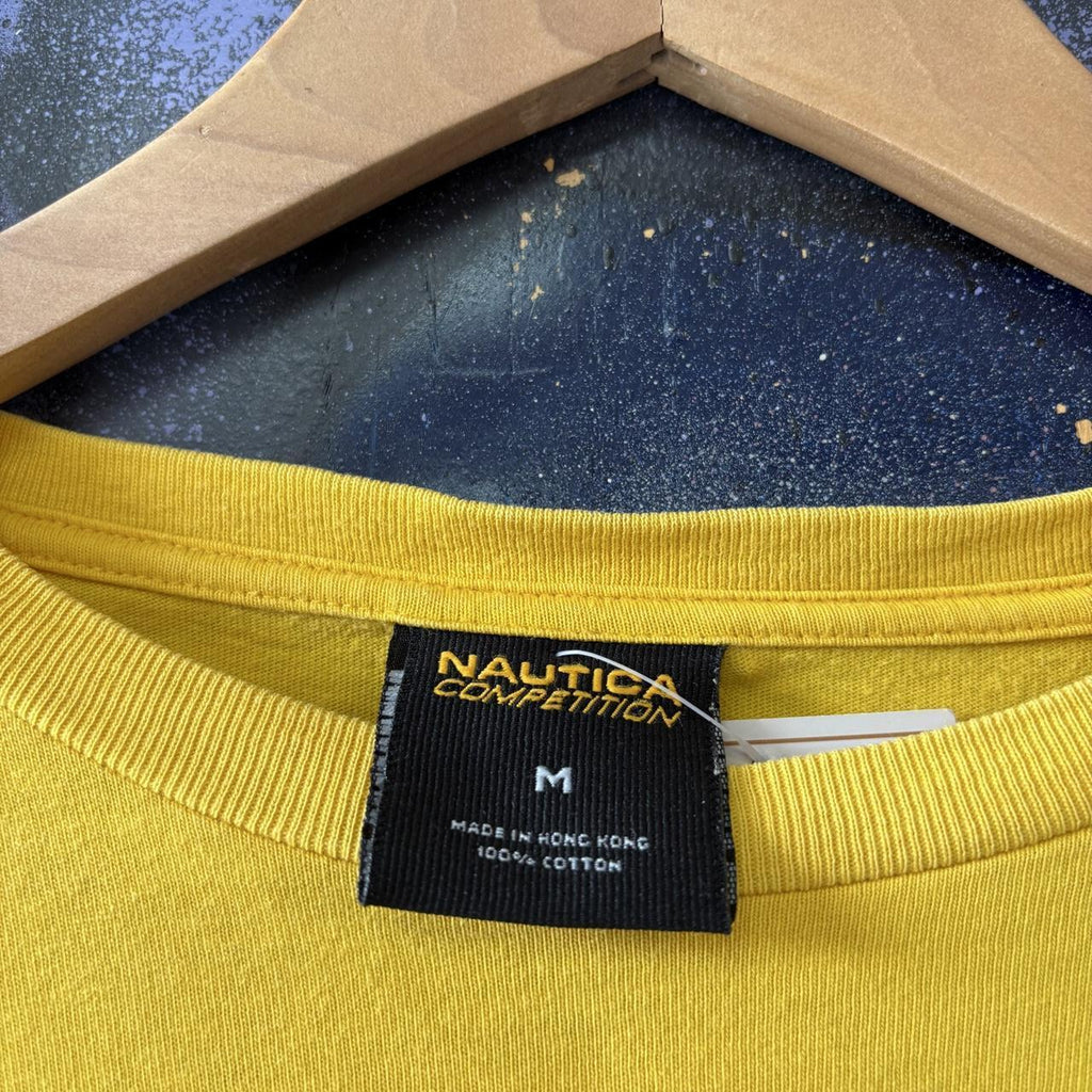 Nautica Competition T shirt Mens Medium Yellow Longsleeve Side Stripe Sailing Graphic Print Streetwear Tee Top 90s Y2K 00s