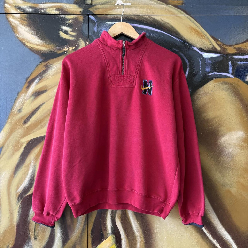 Vintage Nike Sweatshirt Womens Medium Red 1/4 Zip Solo Swoosh Embroidered Pullover Jumper Top 90s Y2K 00s