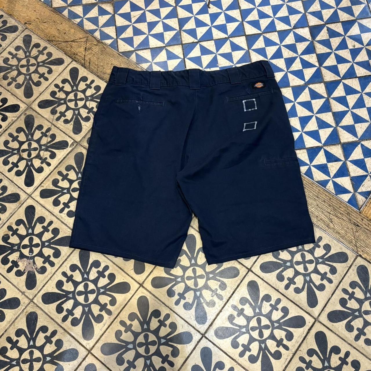 JRT100 - Vintage Retro Essential Dickies Navy Contrast Stitched patch work Navy Shorts Jorts with detailed patch Logo carpenter workwear #hiphop #90s #jorts #skater