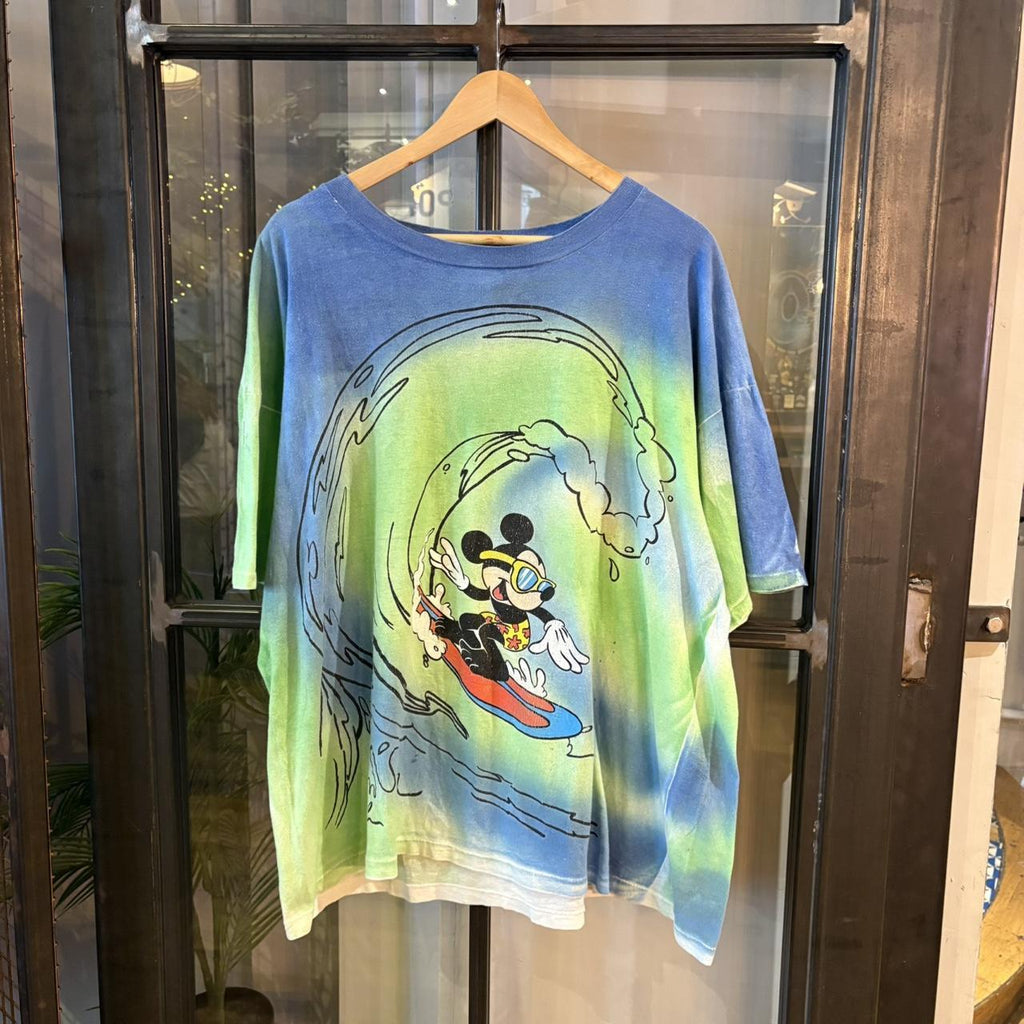 TEE459F - Vintage Retro Essential Blue and Green Tie-Dye Mickey Mouse Surfing Graphic Print Top Tee T-shirt on Mickey Unlimited Tag #singlestitch #tiedye #surfing #disney #mickeymouse