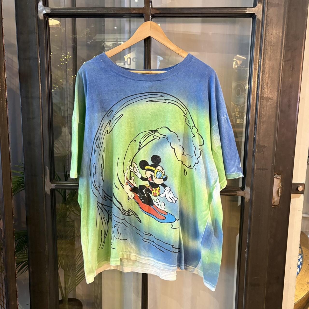 TEE459F - Vintage Retro Essential Blue and Green Tie-Dye Mickey Mouse Surfing Graphic Print Top Tee T-shirt on Mickey Unlimited Tag #singlestitch #tiedye #surfing #disney #mickeymouse