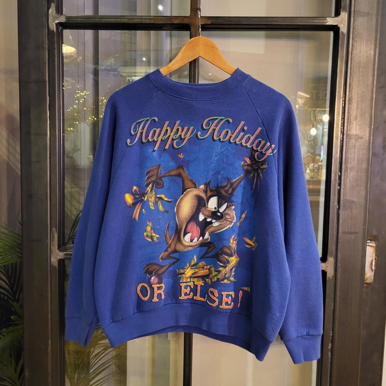 Vintage Retro Essential adult Taz Tasmanian Devil Looney Tunes Happy Holiday Blue sweatshirt with graphic print spellout chest logo 90s y2k style wide boxy fit