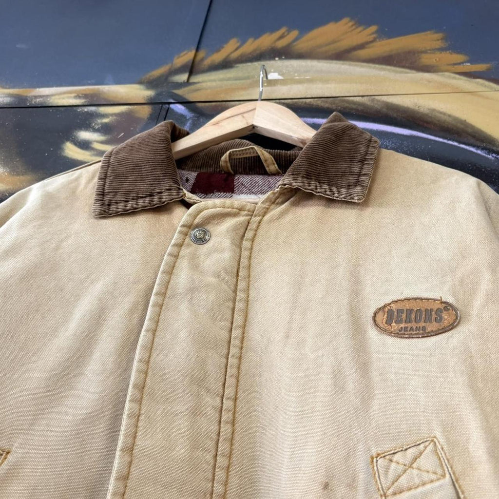 ADN0101CE-U -Vintage Retro Essential Dekons Tan  Button and Full Zip Up Collared Workwear Canvas plaid lined Jacket #workwear #utility #dekons