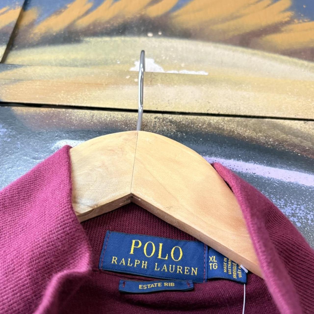 Vintage red Ralph Lauren Quarter Zip Sweatshirt Jumper Top preppy essential smart casual with green spellout embroidered logo pony horse Wine maroon 00s 90s Y2K Cheltenham races horse racing old money