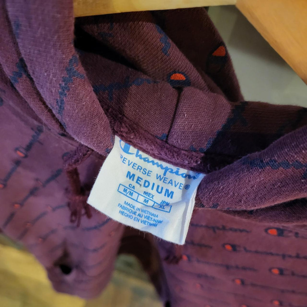 SWT312  - Vintage Retro Essential Champion Burgundy Hoodie sweatshirt with All over Print aop graphic #champion #aop #casual