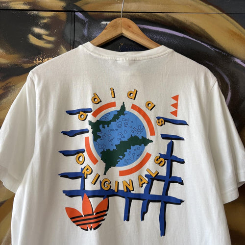 Adidas Originals T shirt Mens Small White Wander Hour World Globe Map Graphic Print Tee Top
