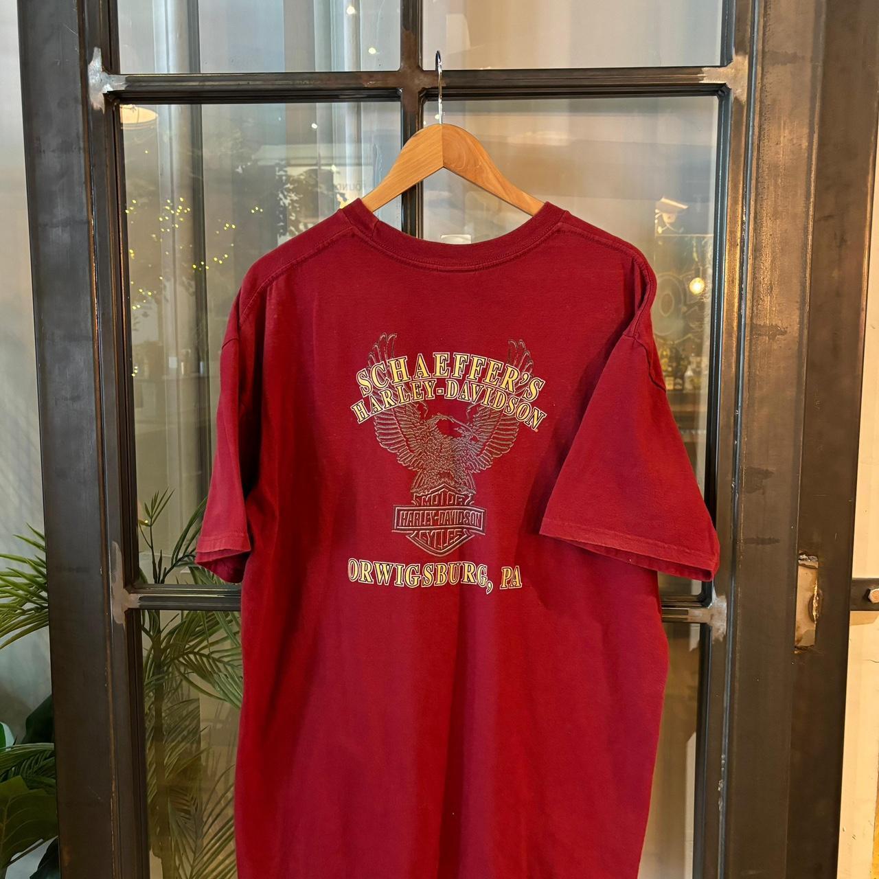 TEE413P - Vintage Retro Essential Burgundy Schaffers Harley Davidson  Graphic Print Pocket Top Tee T-shirt #90s #graphic #harleydavidson #biker