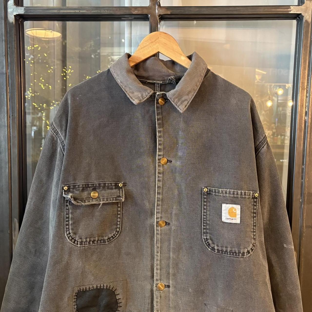 0325I92BR - Vintage Retro Essential Grey Carhartt Button Up Corduroy Collared Workwear Canvas Chore Jacket #workwear #utility #carhartt #chorejacket