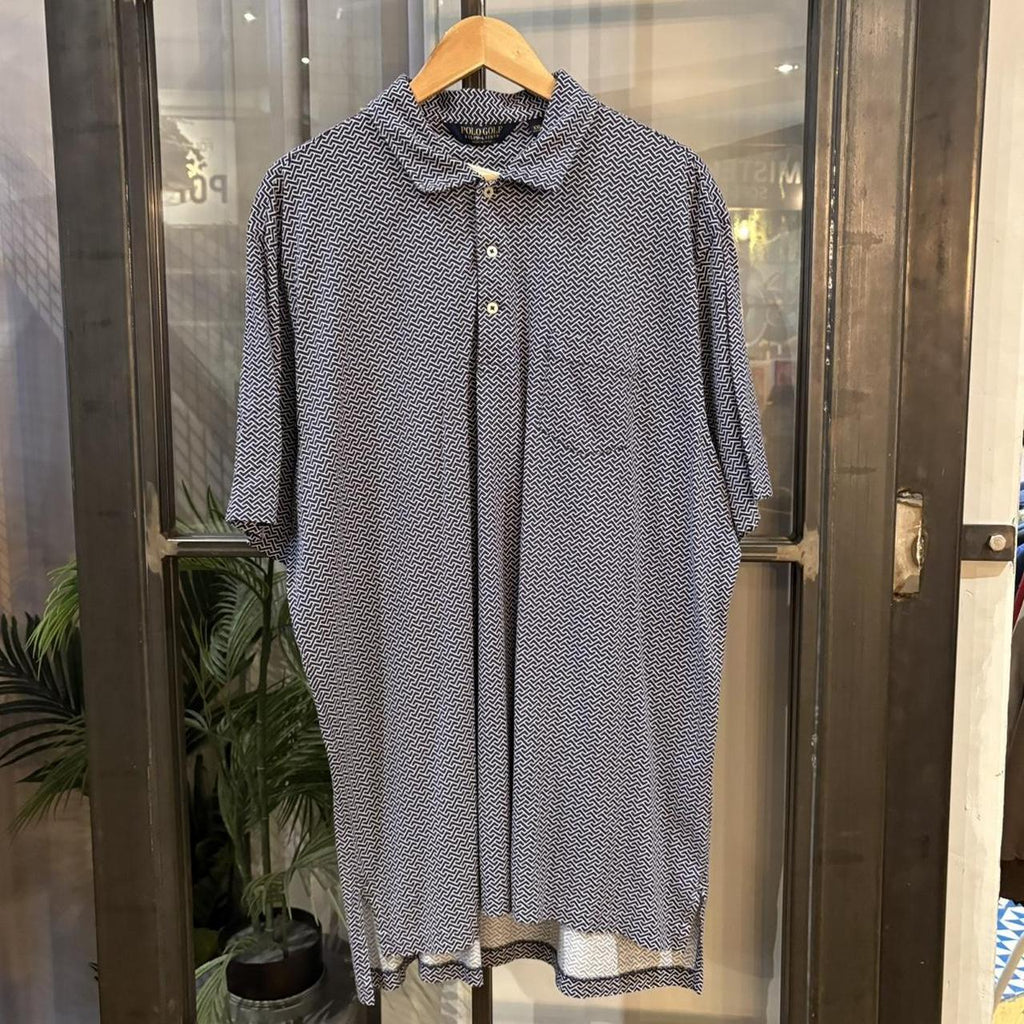 BR1912ADU-F - Vintage Retro Polo Golf Ralph Lauren Navy Geometric Pattern Pocket Polo Shirt Short Sleeve collared button up top  #Y2K #golf #chiefkeef #oldmoney #ralphlauren